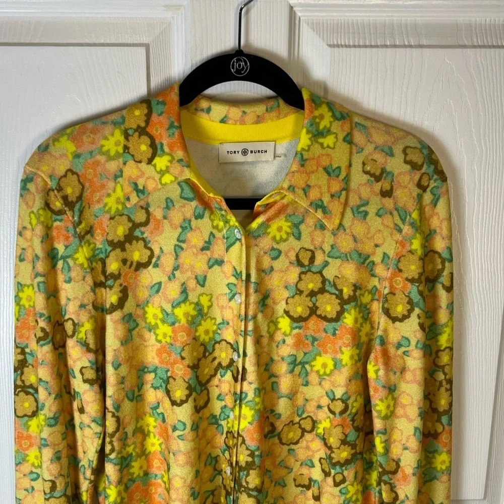 Tory Burch yellow floral long sleeve button down chenille shirt XL